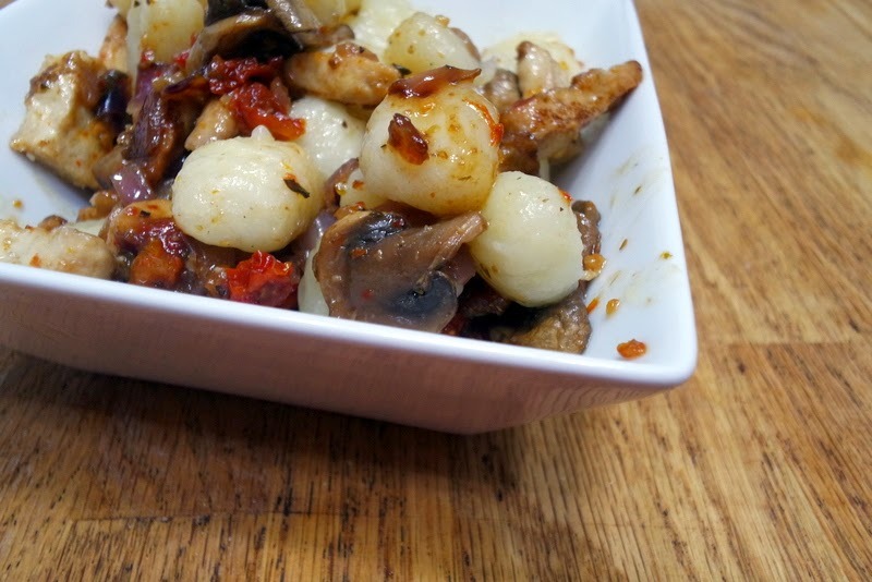 Potato Gnocchi with Sun-Dried Tomato, Mushrooms, and Grilled Chicken