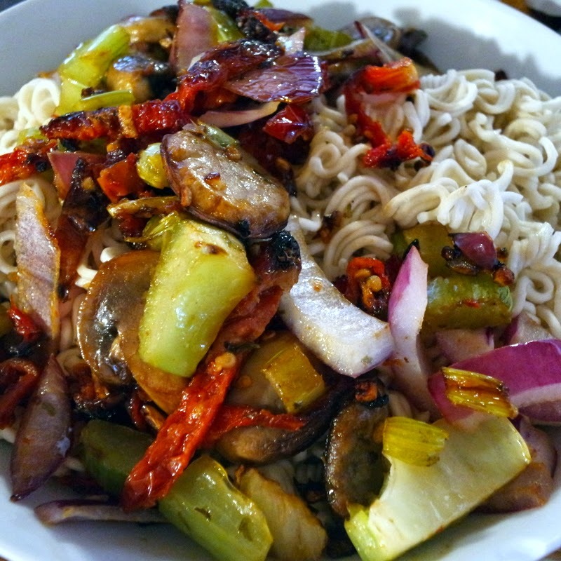 Vegetable Noodles with Celery, Mushrooms, and Sun-Dried Tomatoes